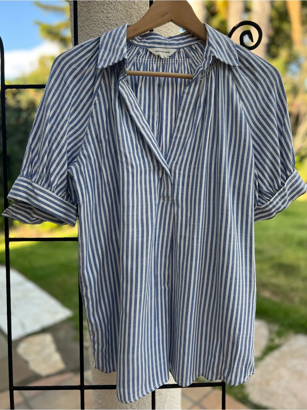 Max Studio Blue & White Vertical Stripe Blouse, Size Small
